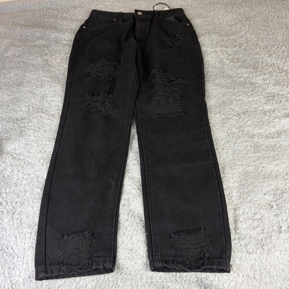 Mom Denim Black High Rise Distressed Mom Jeans Size 7 NWT Ripped Straight Leg